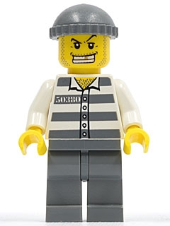 Police - Jail Prisoner 50380 Prison Stripes, Dark Bluish Gray Legs, Dark Bluish Gray Knit Cap, Gold Tooth
Komplett i god stand.